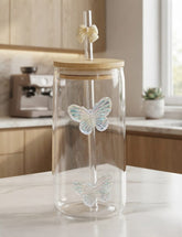 Glass Can Tumbler with Bamboo Lid & Iridescent Butterfly Glass Straw
