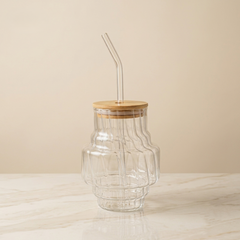 Clear Glass Sipper Jar with Bamboo Lid and Curved Straw
