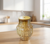 Wave-Ribbed Geometric Glass Sipper Jar with Bamboo Lid and Straw