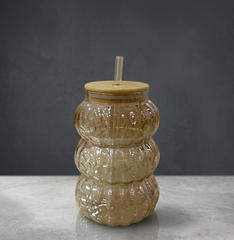 Ribbed Glass Sipper Cup with Bamboo Lid and Straw