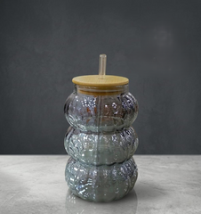 Ribbed Glass Sipper Cup with Bamboo Lid and Straw