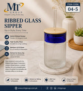 Two-Tone Ribbed Glass Sipper Cup with Blue Rim, Bamboo Lid, and Straw