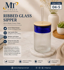 Two-Tone Ribbed Glass Sipper Cup with Blue Rim, Bamboo Lid, and Straw