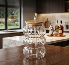 Ribbed Glass Sipper Cup with Bamboo Lid and Straw