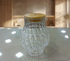 Wave-Ribbed Geometric Glass Sipper Jar with Bamboo Lid and Straw