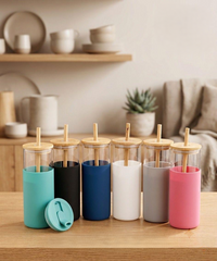 Minimalist Multi-Color Glass Tumbler with Protective Silicone Sleeves, Bamboo Lids & Straws - 550ml