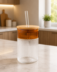 Two-Tone Ribbed Glass Sipper Cup with Blue Rim, Bamboo Lid, and Straw