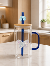 Glass Mug with Handle, Bamboo Lid & Butterfly Glass Straw