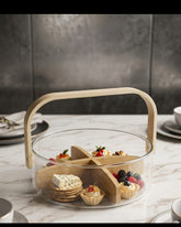 Nordic Glass Serving Bowl with Wooden Handle | Elegant Dessert & Snack Server