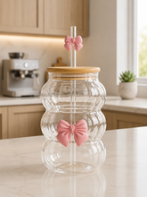 Bubble Glass Tumbler with Bamboo Lid & Bow Glass Straw