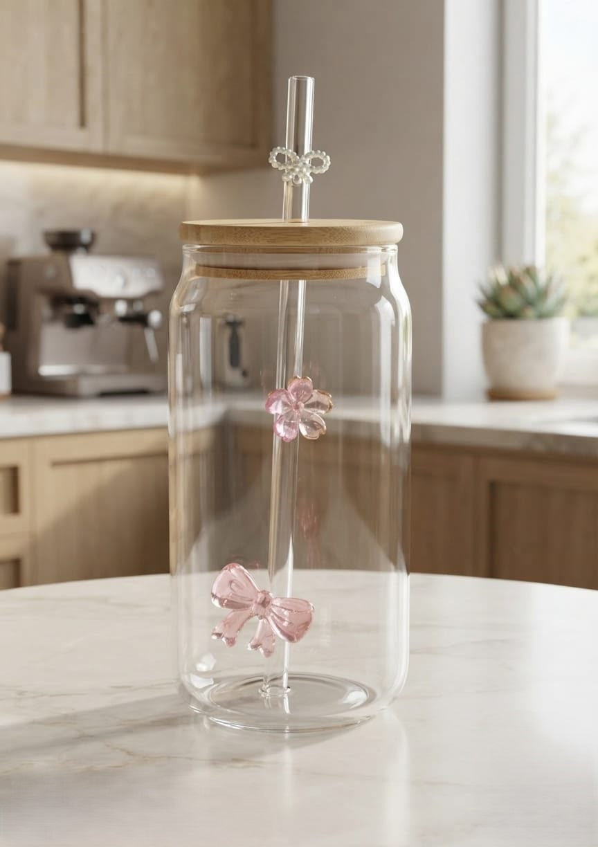 Minimalist Floral Glass  Tumbler with Bamboo Lid & Pink Bow Glass Straw