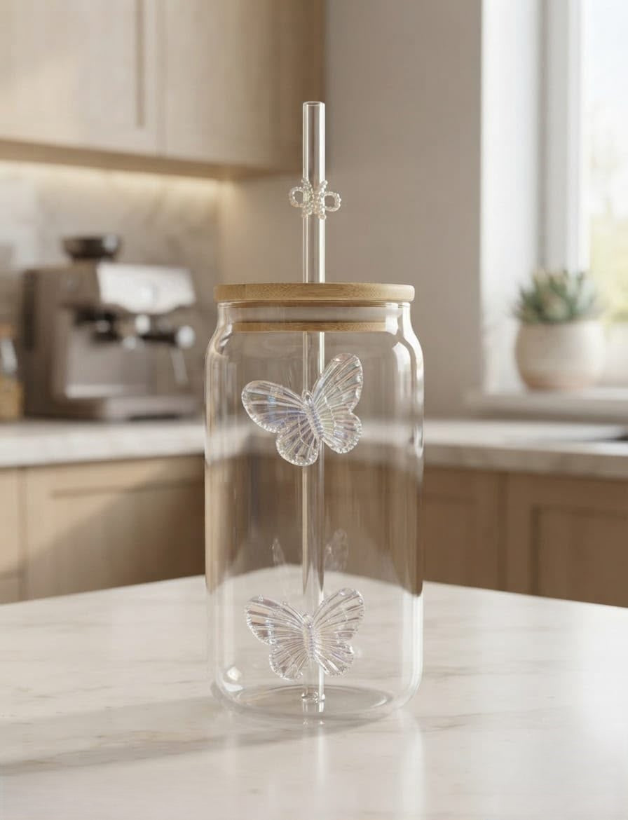 Minimalist Butterfly Glass Tumbler with Bamboo Lid & Pink Bow Glass Straw