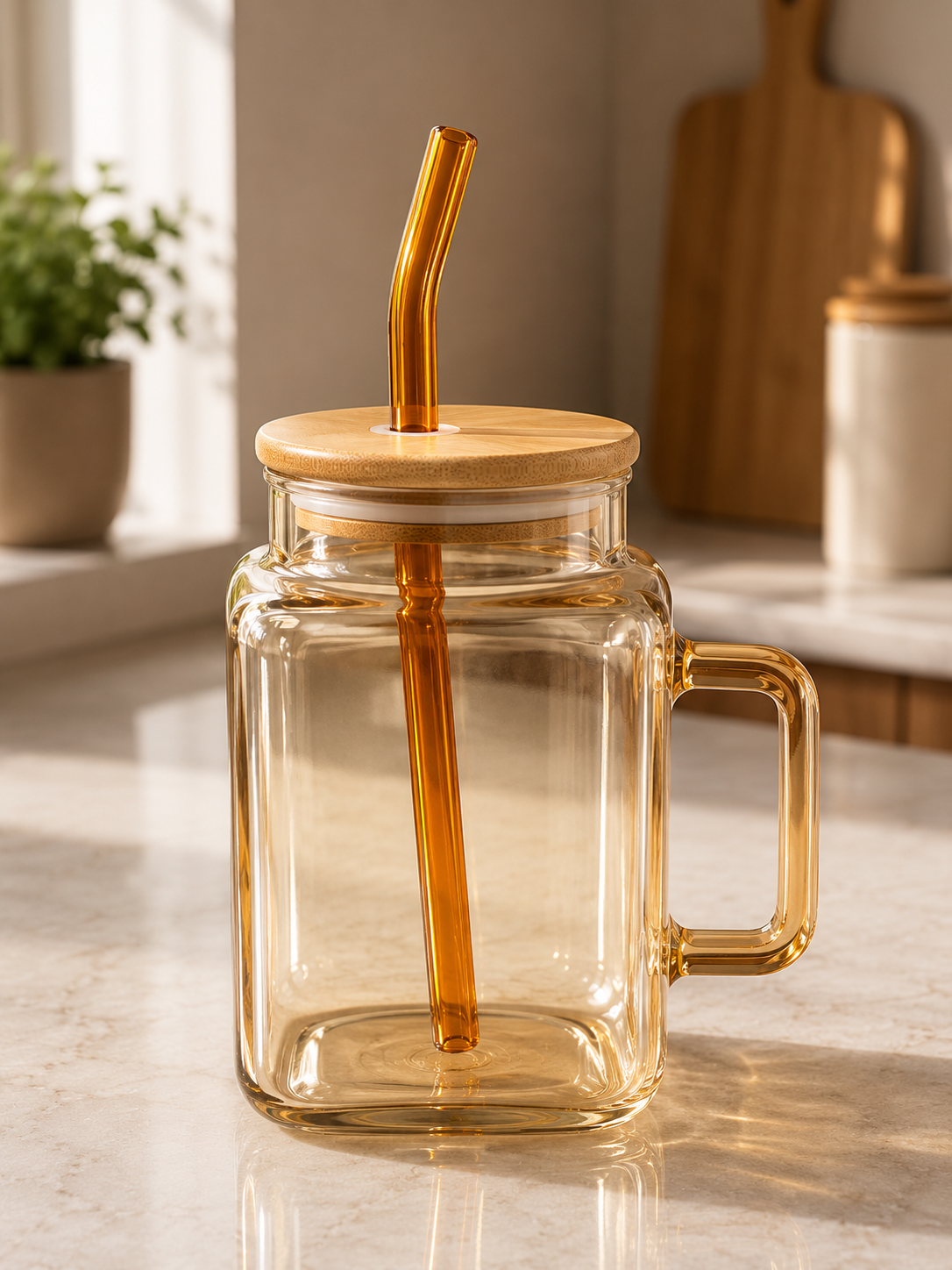 Modern Glass Mug with Bamboo Lid & Reusable Glass Straw
