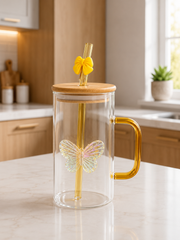 Glass Mug with Handle, Bamboo Lid & Butterfly Glass Straw