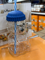 Bear Borosilicate Glass Sipper Cup with Colorful Beanie Lid and Straw