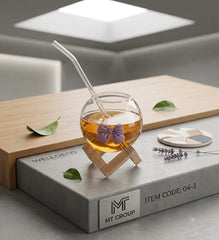 Coquette Spherical Glass Sipper cup with Purple Bow Accent, Wooden Stand, and Glass Straw