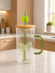 Glass Mug with Handle, Bamboo Lid & Butterfly Glass Straw