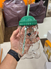 Bear Borosilicate Glass Sipper Cup with Colorful Beanie Lid and Straw