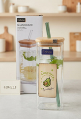 Minimalist Square Glass Sipper Bottle with Bamboo Lid and Straw