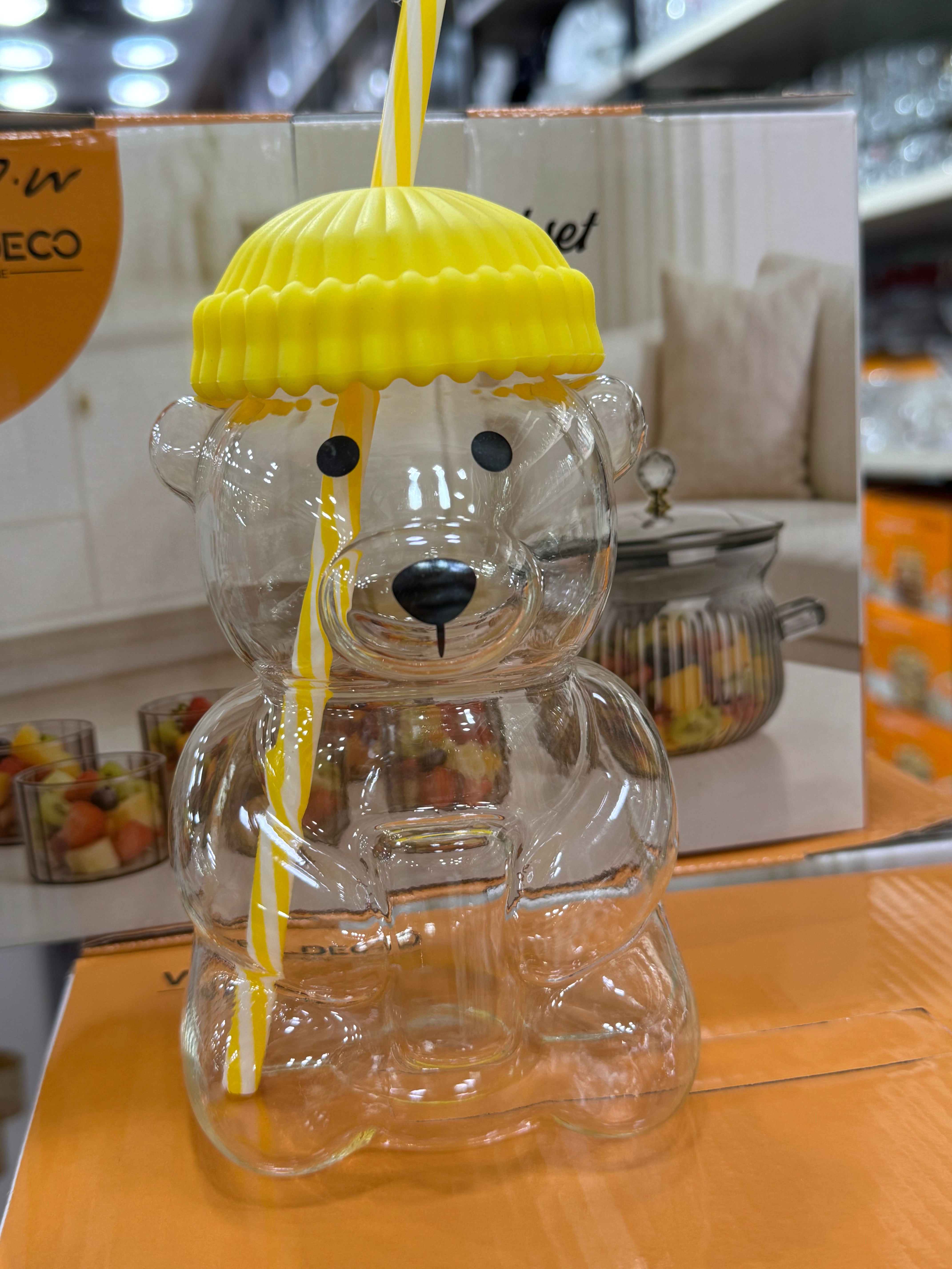 Bear Borosilicate Glass Sipper Cup with Colorful Beanie Lid and Straw