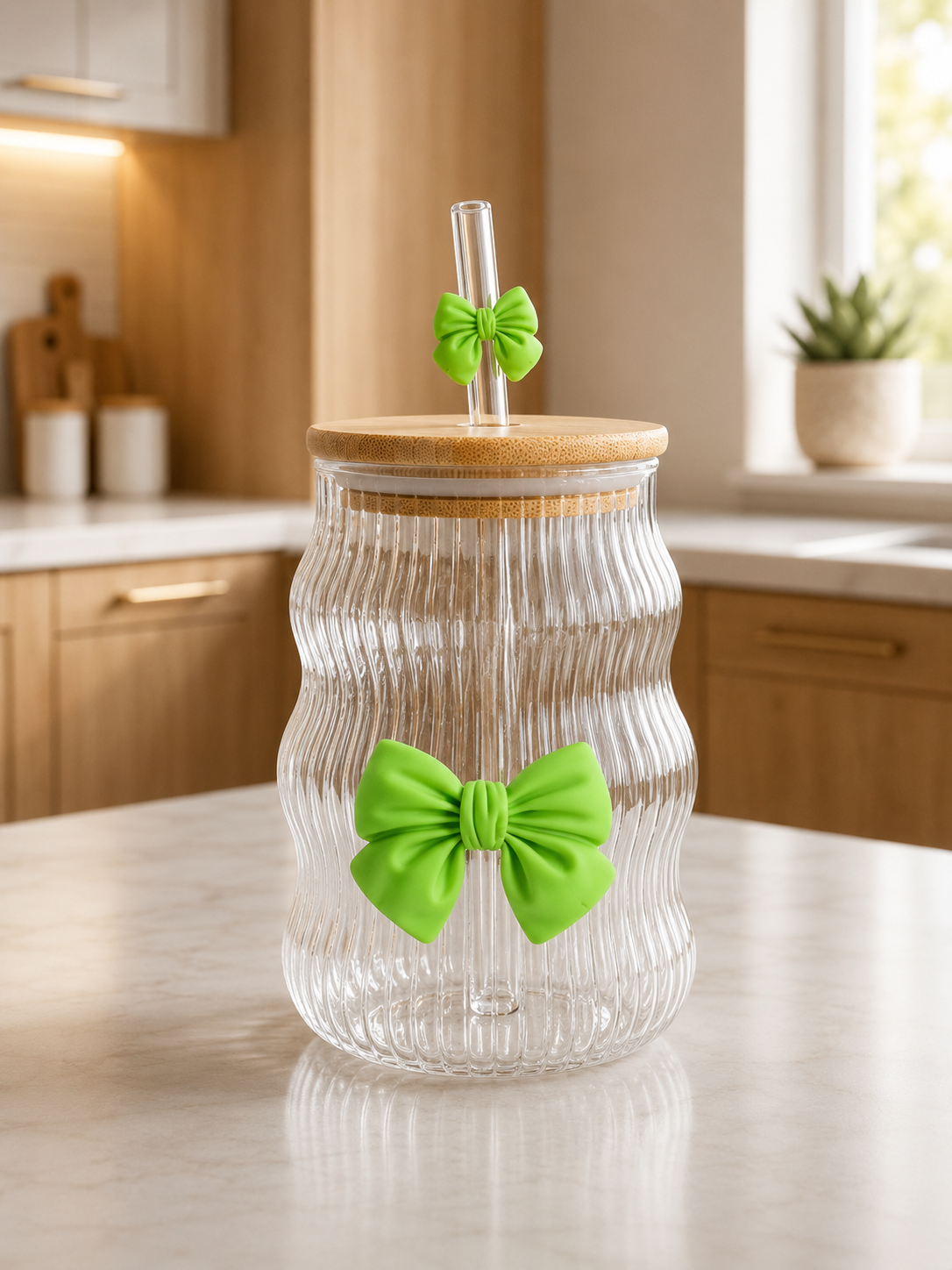 Elegant Ribbed Glass Tumbler with Bamboo Lid & Purple Bow Straw