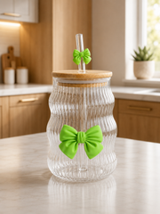Elegant Ribbed Glass Tumbler with Bamboo Lid & Purple Bow Straw
