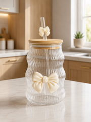 Elegant Ribbed Glass Tumbler with Bamboo Lid & Purple Bow Straw