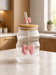 Elegant Ribbed Glass Tumbler with Bamboo Lid & Purple Bow Straw