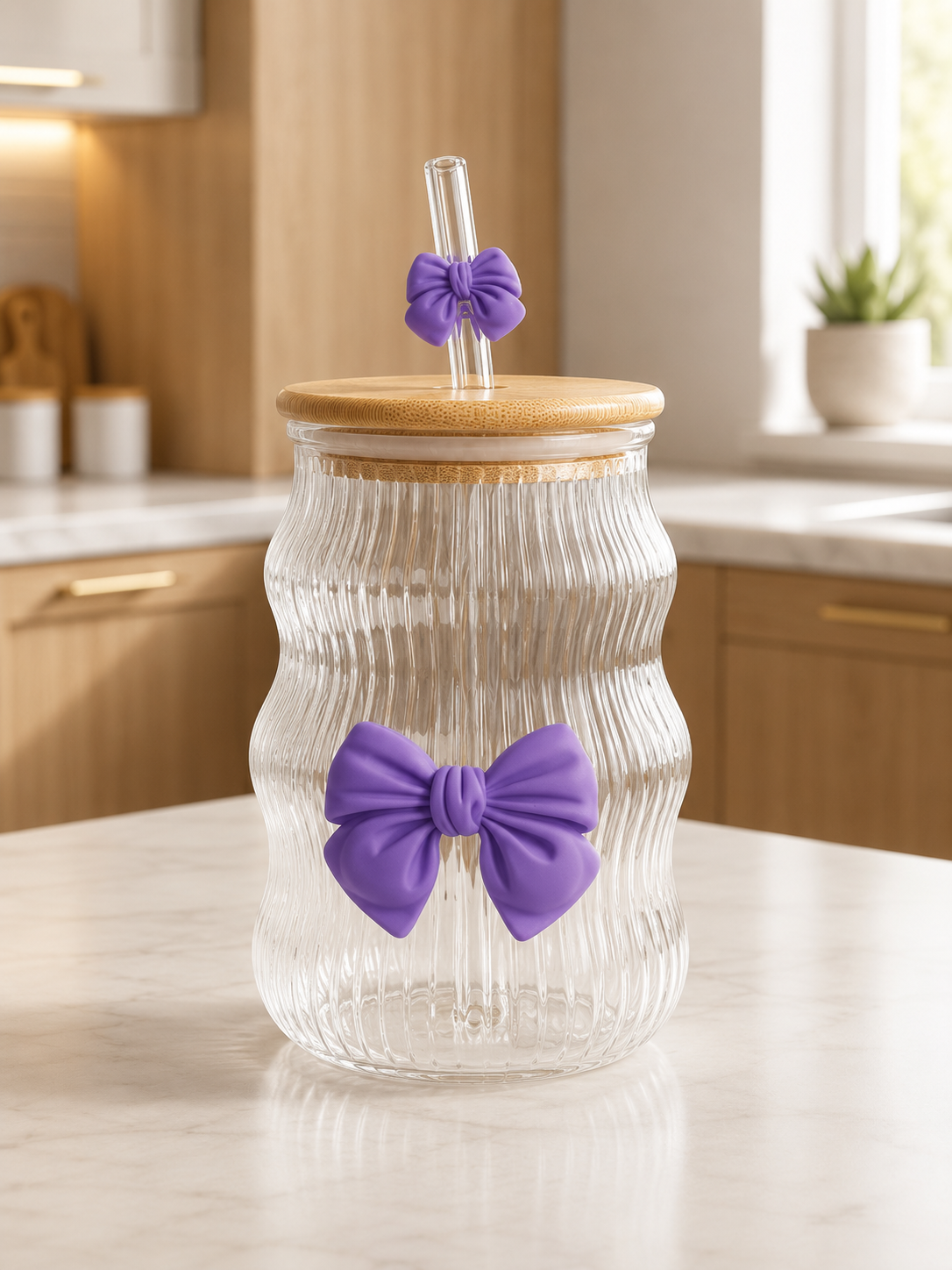 Elegant Ribbed Glass Tumbler with Bamboo Lid & Purple Bow Straw
