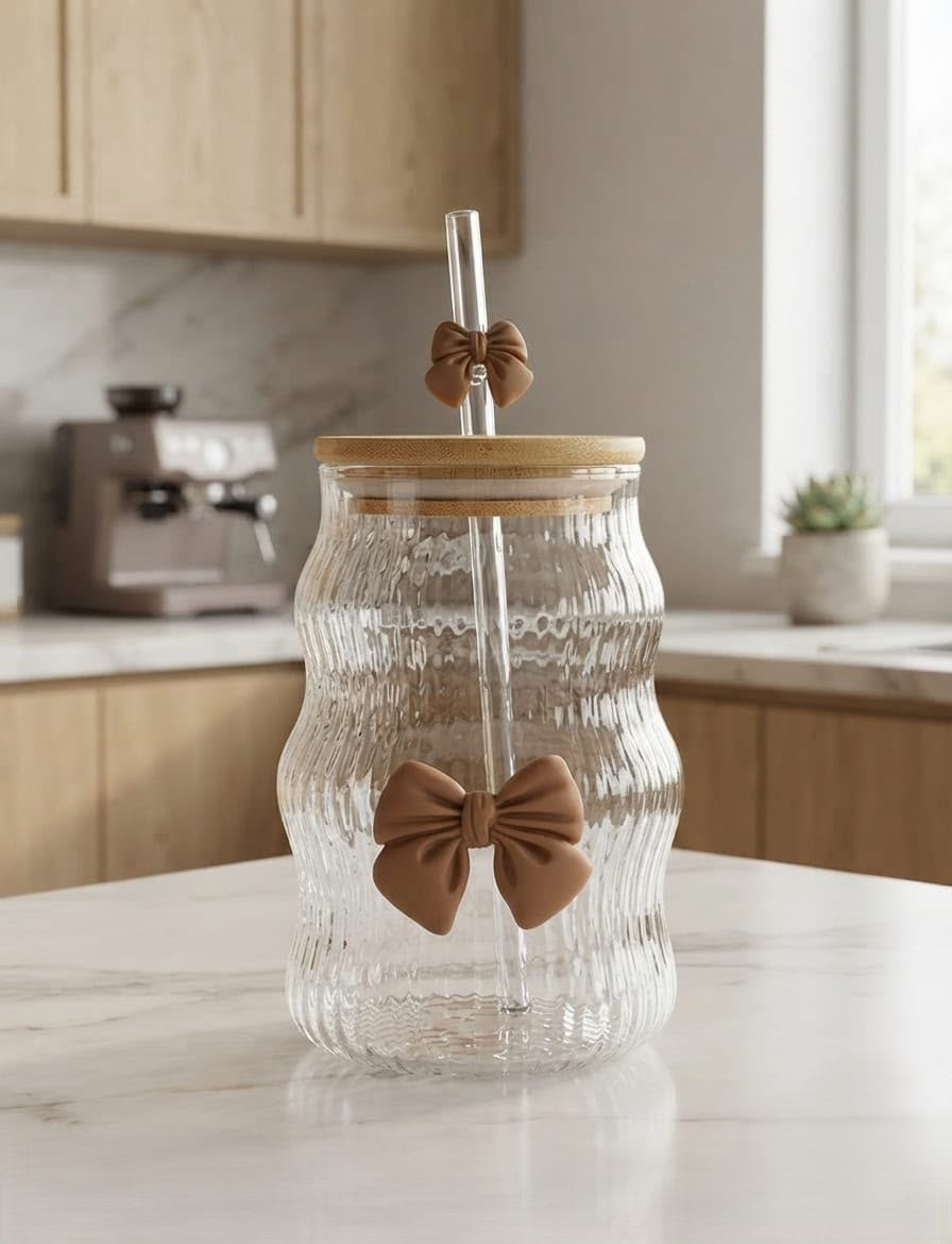Elegant Ribbed Glass Tumbler with Bamboo Lid & Purple Bow Straw