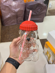 Bear Borosilicate Glass Sipper Cup with Colorful Beanie Lid and Straw