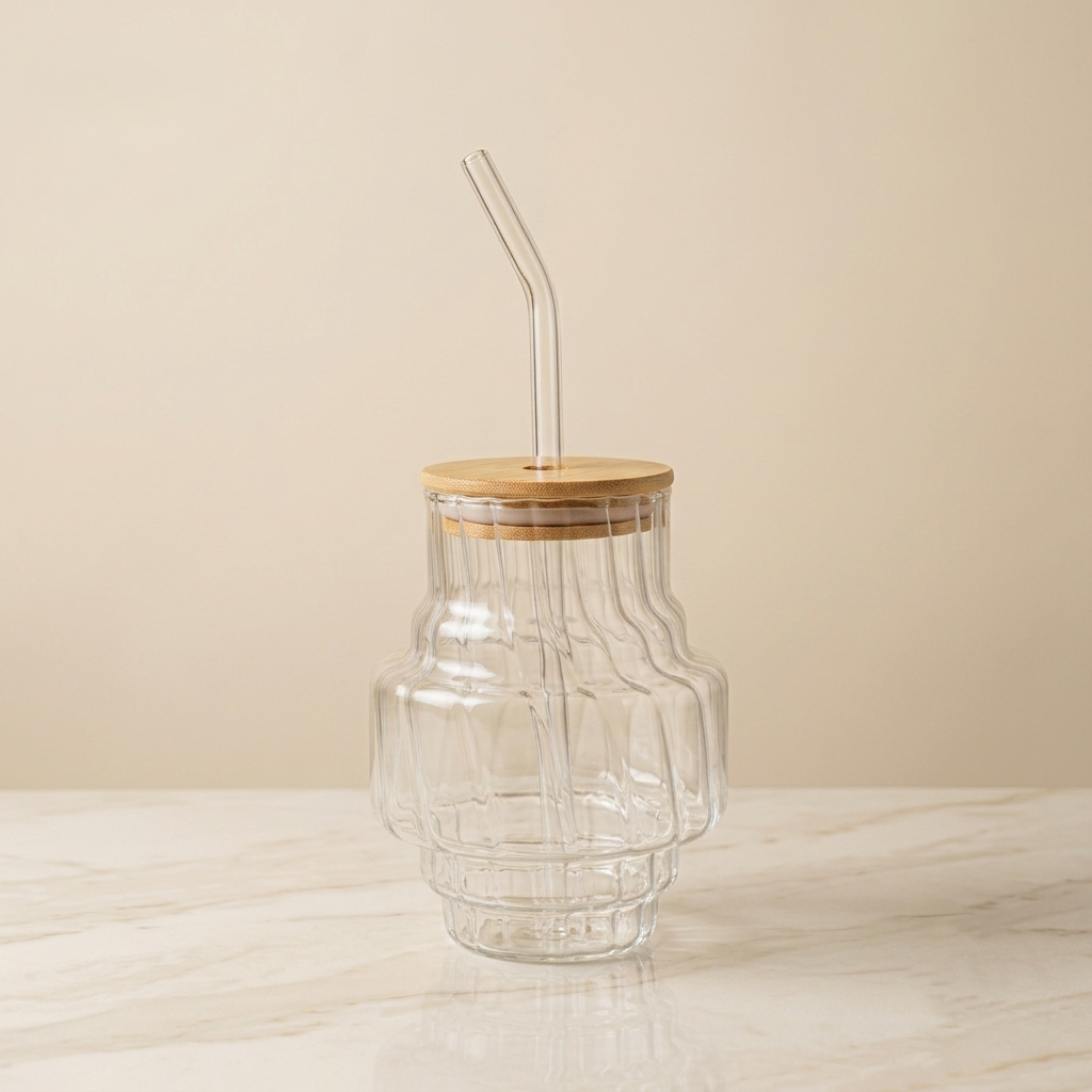 Clear Glass Sipper Jar with Bamboo Lid and Curved Straw