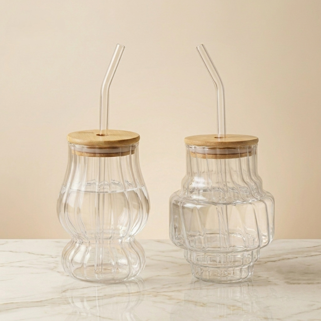🥤 Premium Ribbed Glass Tumbler Collection with Bamboo Lid &amp; Glass Straw