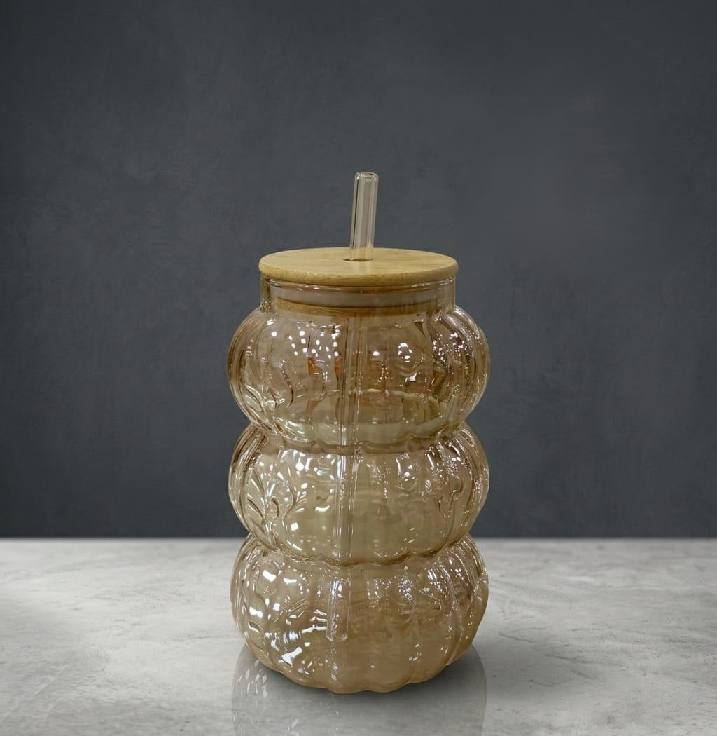 Ribbed Glass Sipper Cup with Bamboo Lid and Straw