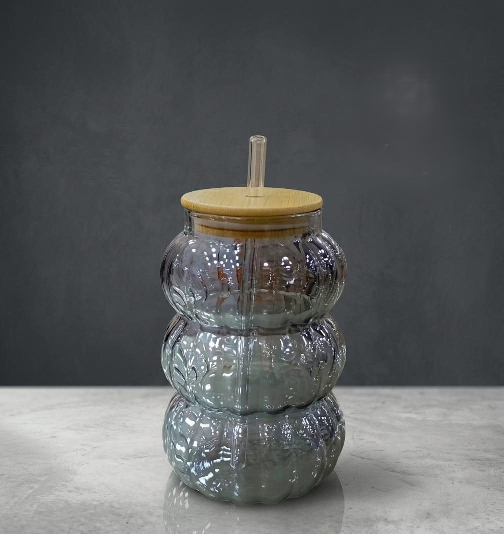 Ribbed Glass Sipper Cup with Bamboo Lid and Straw
