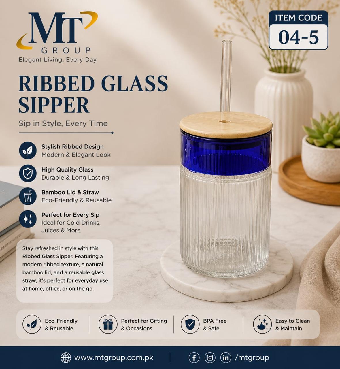 Two-Tone Ribbed Glass Sipper Cup with Blue Rim, Bamboo Lid, and Straw