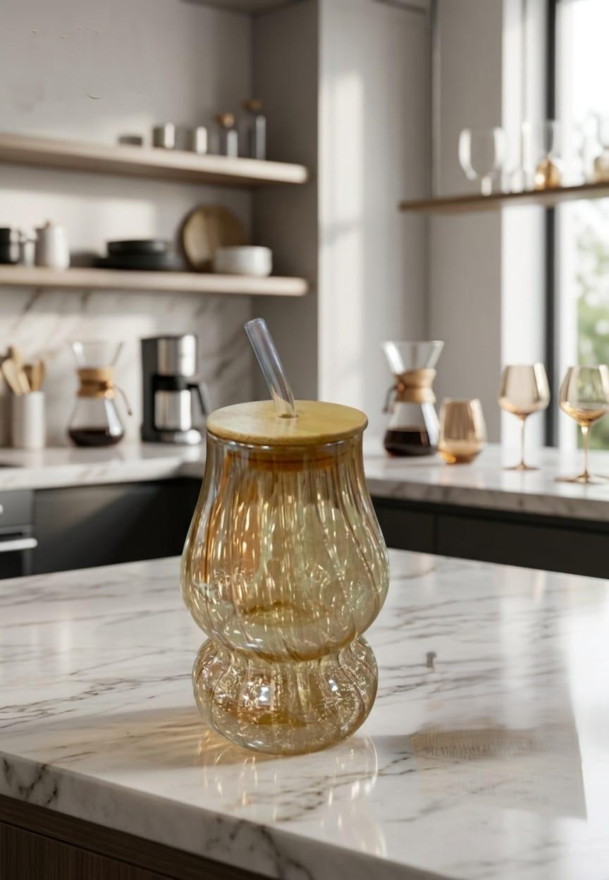 Hourglass Glass Sipper Cup with Bamboo Lid and Straw
