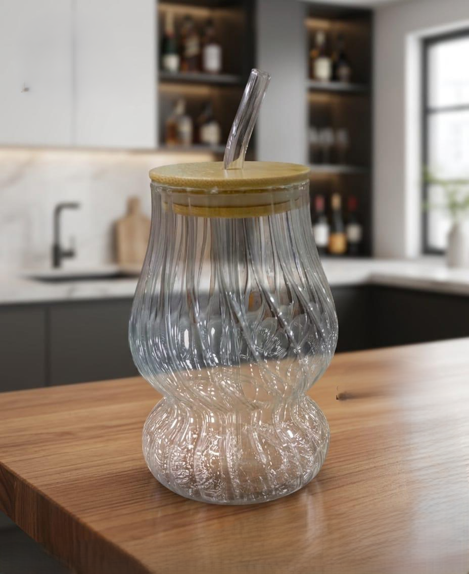 Hourglass Glass Sipper Cup with Bamboo Lid and Straw