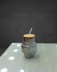 Wave-Ribbed Geometric Glass Sipper Jar with Bamboo Lid and Straw