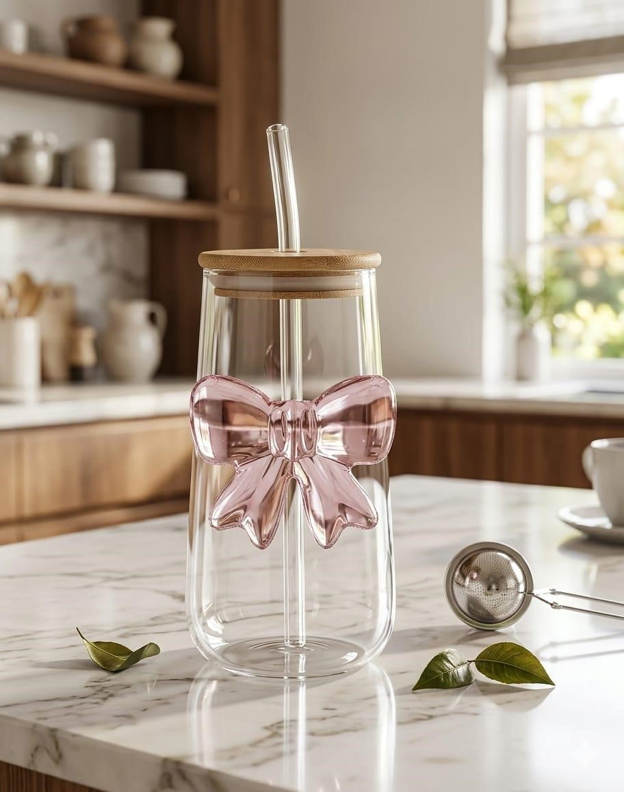 Coquette Clear Glass Sipper Cup with Pink 3D Bow Accent, Bamboo Lid, and Glass Straw
