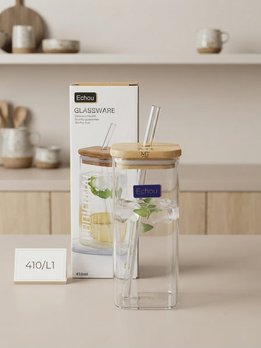Minimalist Square Glass Sipper Bottle with Bamboo Lid and Straw