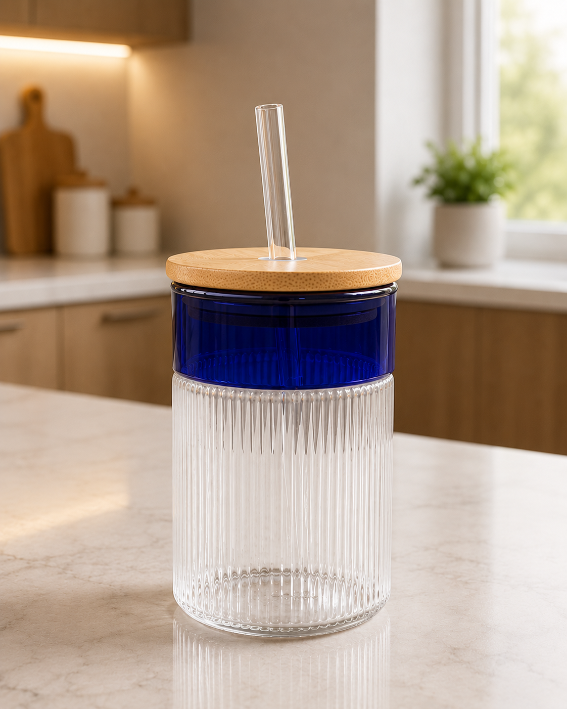 Two-Tone Ribbed Glass Sipper Cup with Blue Rim, Bamboo Lid, and Straw