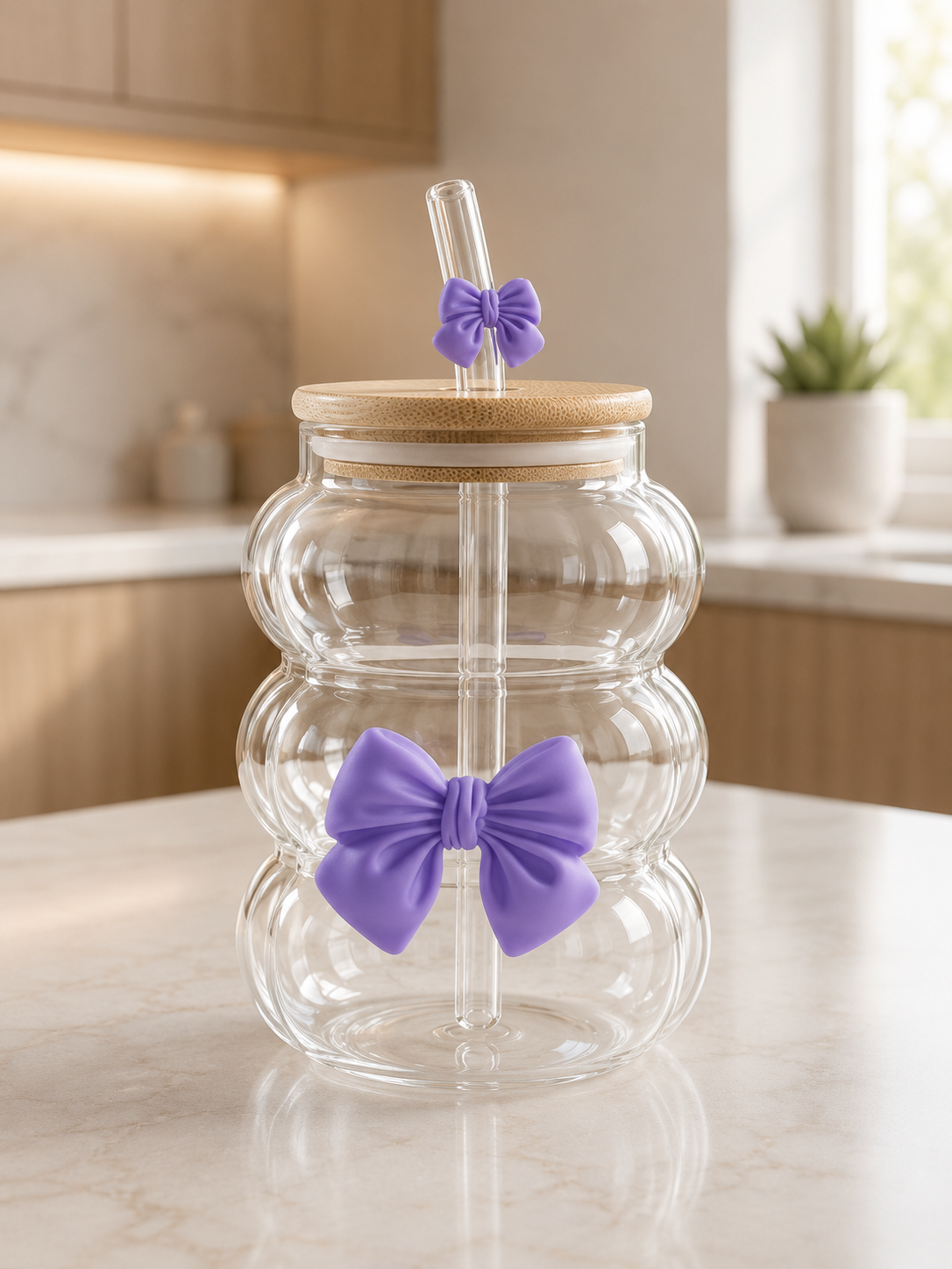 Bubble Glass Tumbler with Bamboo Lid & Bow Glass Straw