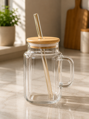 Modern Glass Mug with Bamboo Lid & Reusable Glass Straw