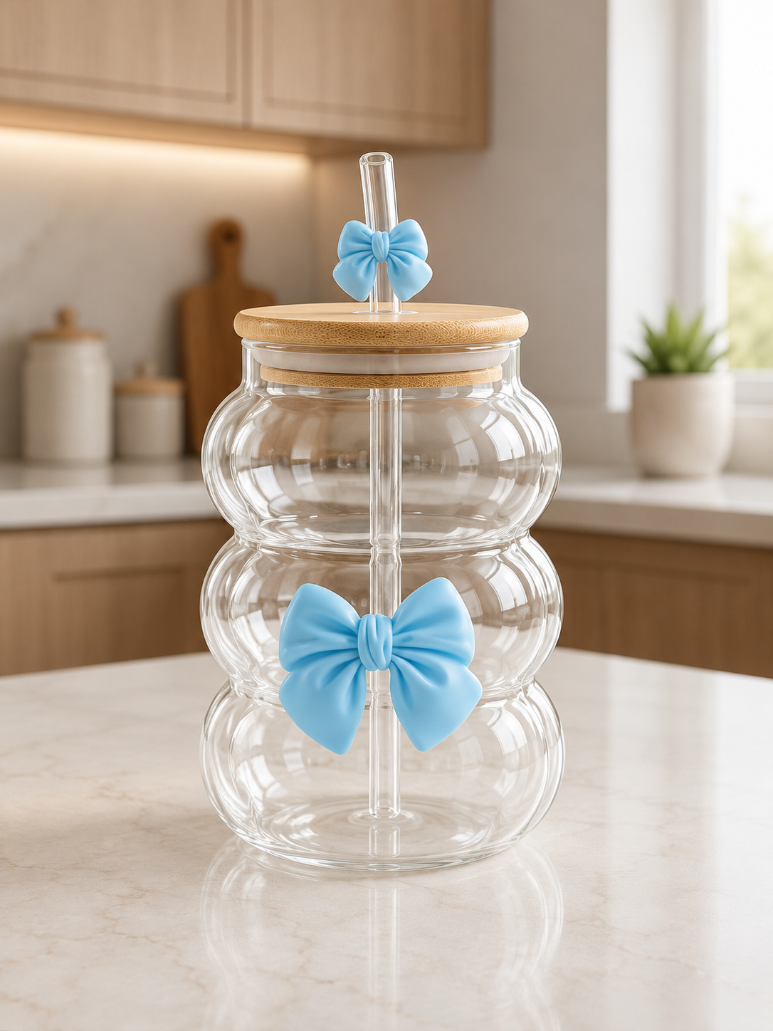Bubble Glass Tumbler with Bamboo Lid & Bow Glass Straw