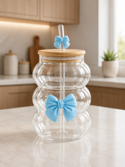 Bubble Glass Tumbler with Bamboo Lid & Bow Glass Straw