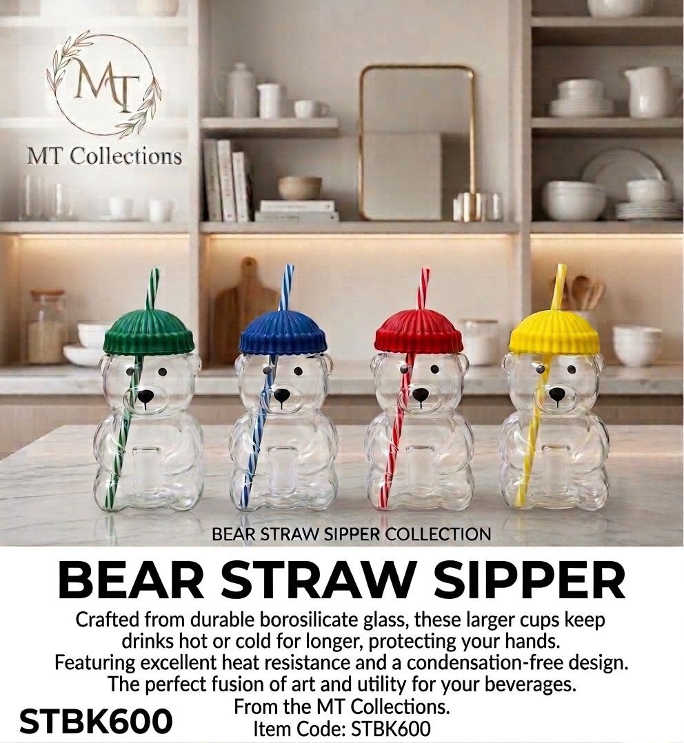 Bear Borosilicate Glass Sipper Cup with Colorful Beanie Lid and Straw