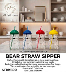 Bear Borosilicate Glass Sipper Cup with Colorful Beanie Lid and Straw