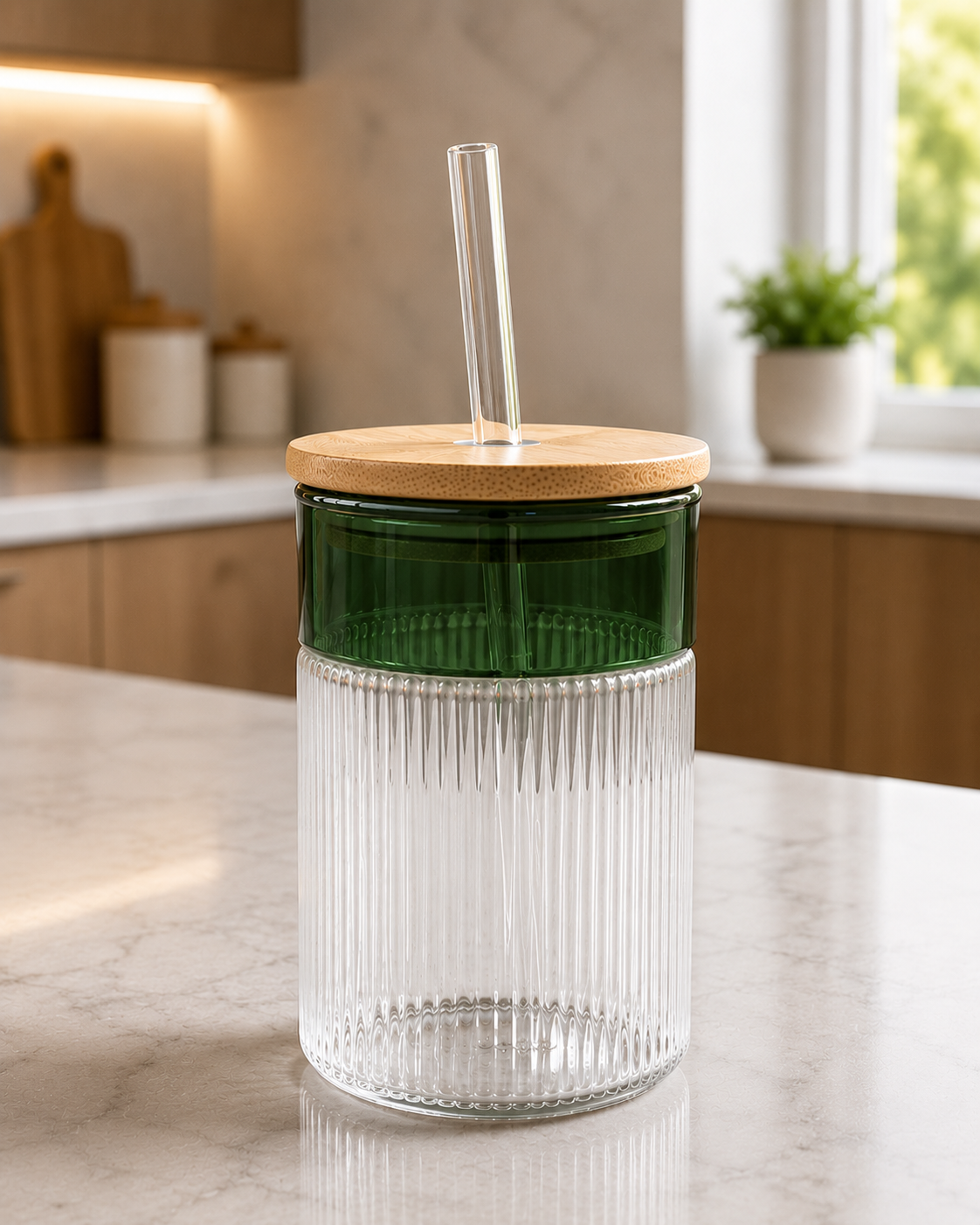 Two-Tone Ribbed Glass Sipper Cup with Blue Rim, Bamboo Lid, and Straw