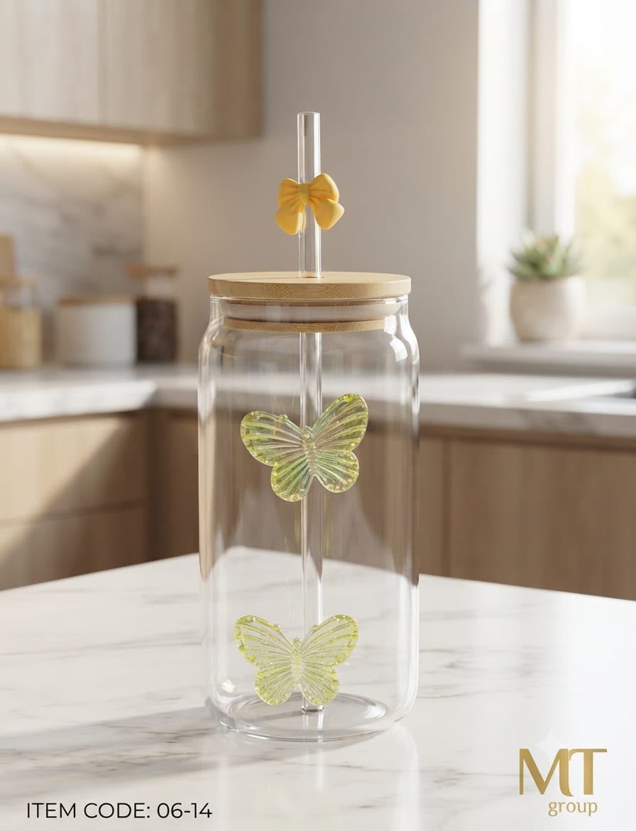 Glass Can Tumbler with Bamboo Lid & Iridescent Butterfly Glass Straw